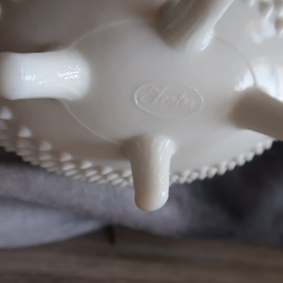 Vintage Fenton Marked Milk Glass Hobnail Textured Oval Lidded Candy Bowl - Picture 10 of 16